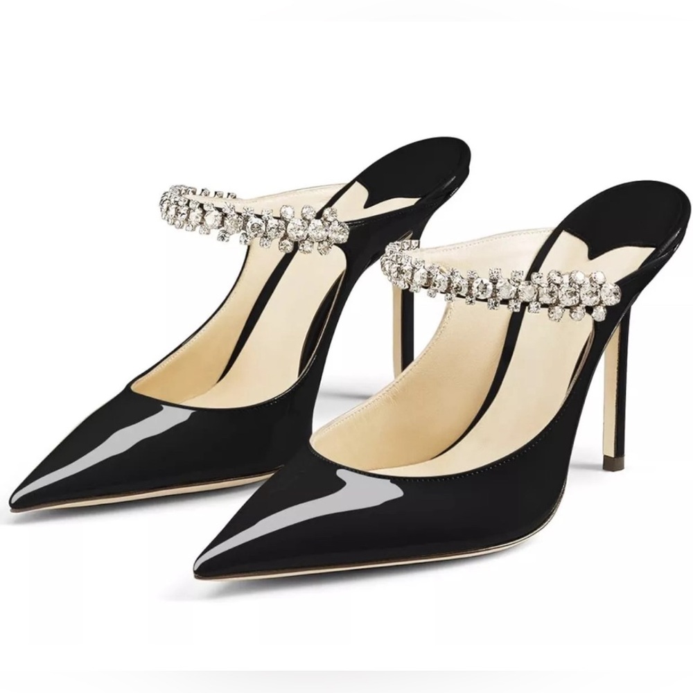Women’s Black Rhinestone Strappy Pointed Toe 4” Stiletto High Heel Shoes 7.5